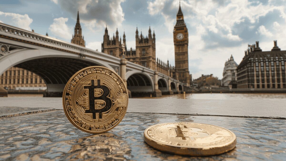 Bitcoin-монеты на каменной поверхности у Биг-Бена в Лондоне