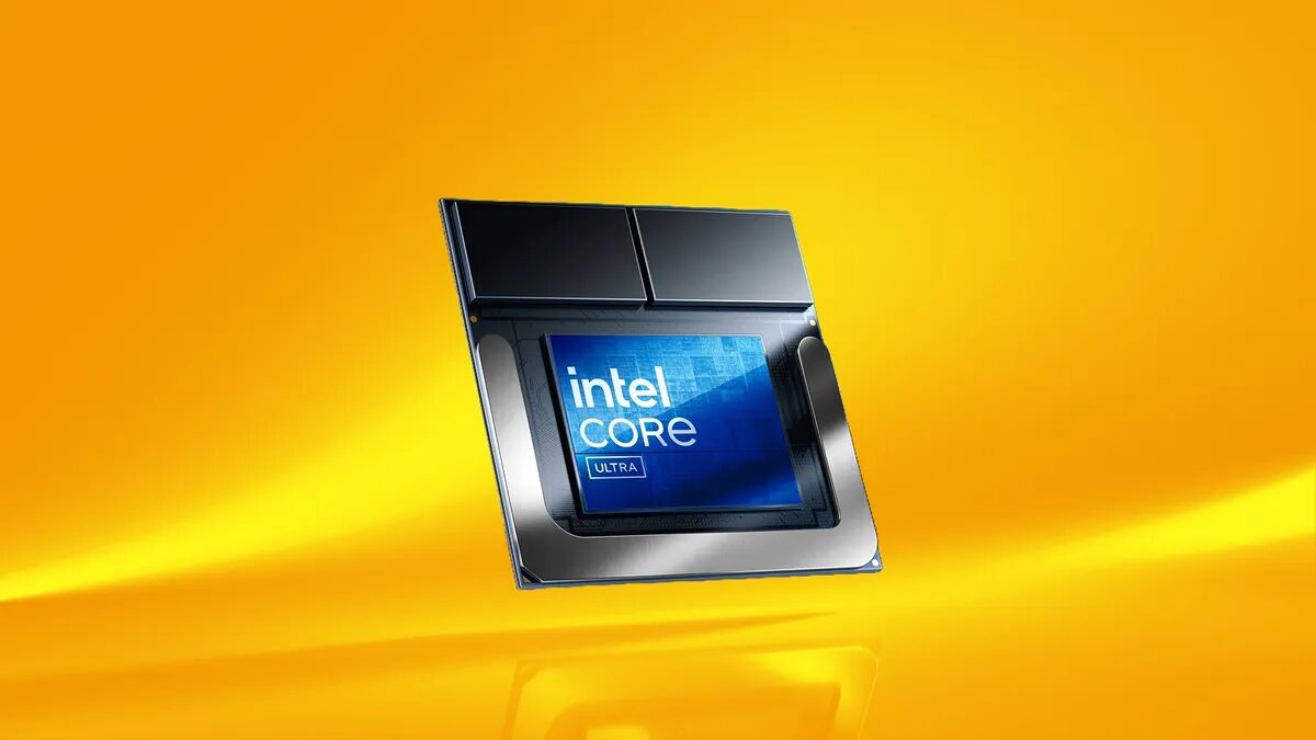 Процессор Intel Core Ultra на ярком оранжевом фоне