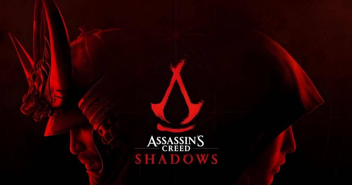 Обложка игры Assassin's Creed Shadows с тёмным силуэтом двух персонажей и логотипом красного цвета