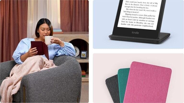 Женщина читает книгу на кресле рядом с Kindle и чехлами цветных чехлов для Kindle