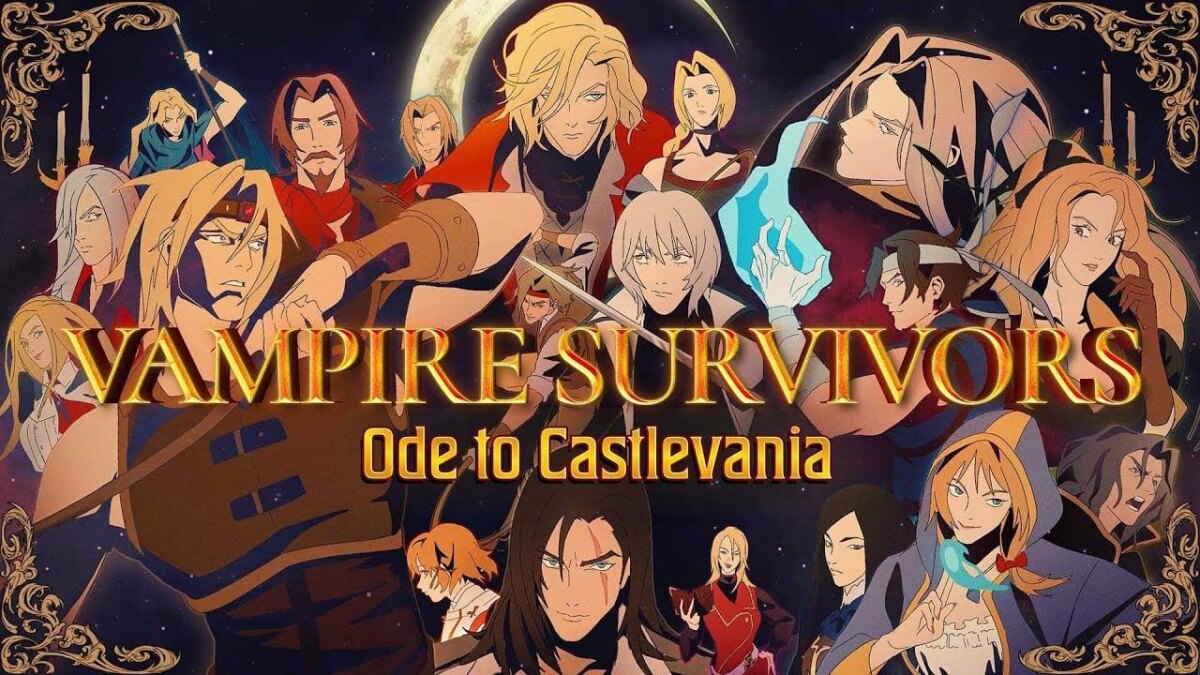 Анимационный плакат Vampire Survivors Ode to Castlevania с персонажами в стиле аниме на фоне луны