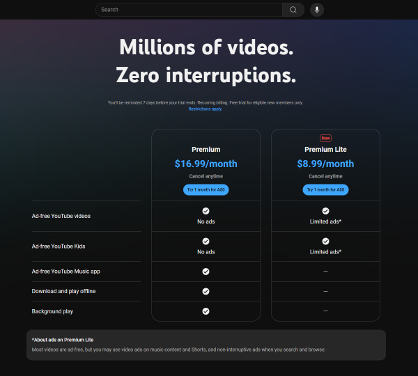 YouTube тестирует новую версию подписки Premium Lite (ad082e30 8cd2 11ef b7de 8fb2fb615b89)