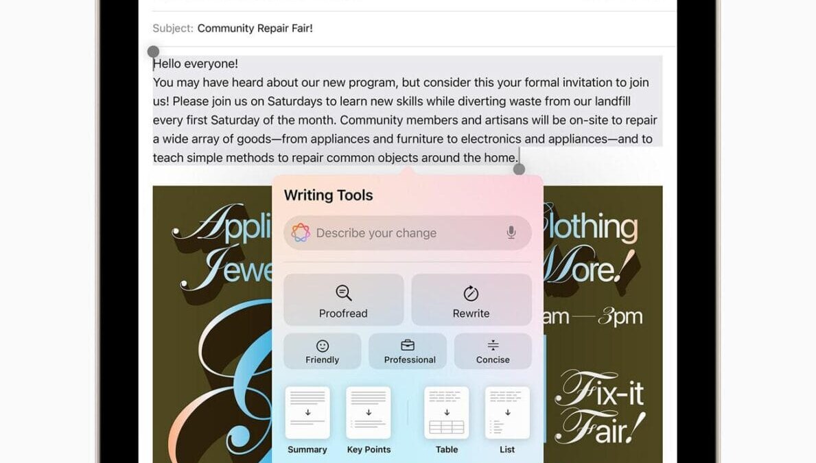 apple ipad mini apple intelligence writing tools