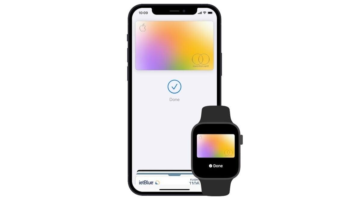 Экран iPhone и Apple Watch показывают процесс оплаты Apple Pay