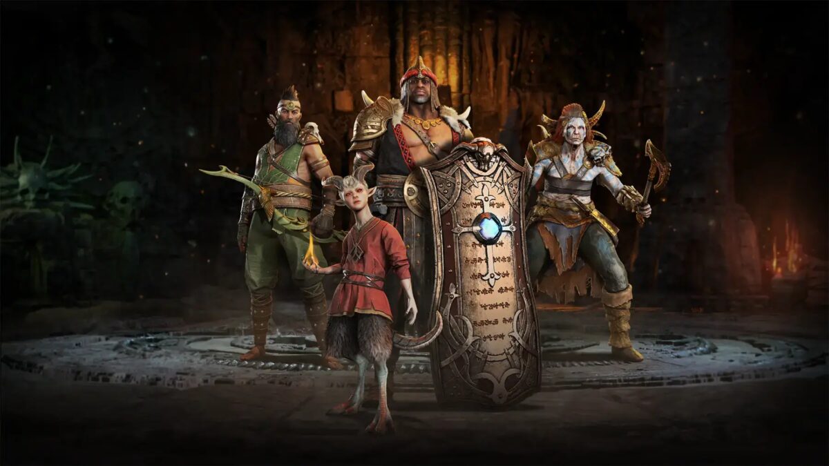 Герои Diablo 4 в боевой экипировке с мечом и щитом на фоне огня, кадр из мерсенари