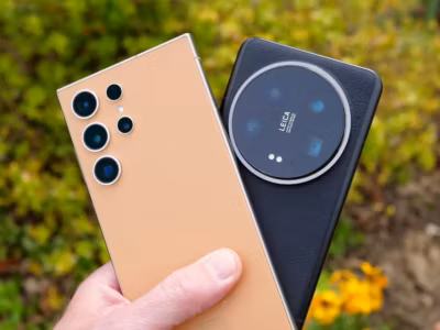 Показываются два смартфона с крупными камерами Huawei и Leica