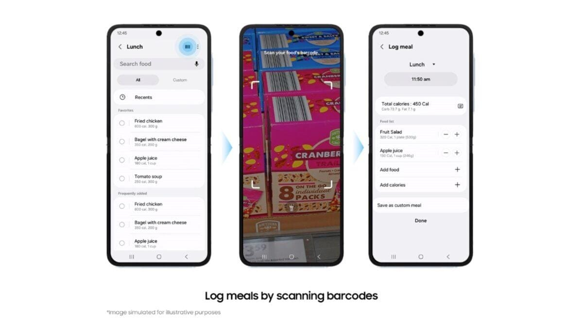 Сканы штрих-кодов продуктов через приложение Samsung Health на смартфоне