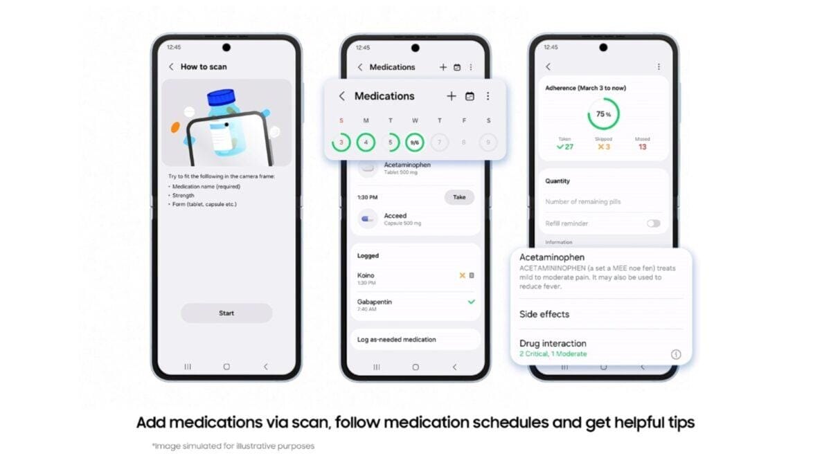 Экран Samsung Health показывает функцию добавления медикаментов через сканирование