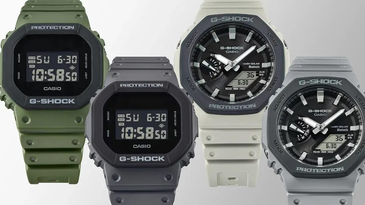 Четыре модели Casio G-SHOCK Urban Utility в разных цветах, крупный план дисплея и вид сбоку