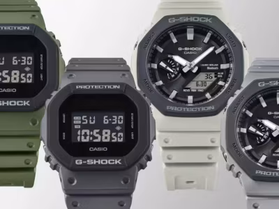 Четыре модели Casio G-SHOCK Urban Utility в разных цветах, крупный план дисплея и вид сбоку