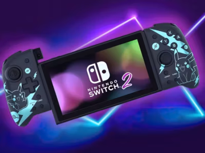 Графическое изображение консоли Nintendo Switch 2 с дизайном Пикачу на ручках и светящимися линиями фон