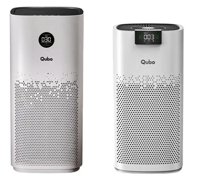 Два очистителя воздуха Qubo Q600 и Q1000 вид сбоку и спереди с цифровыми дисплеями