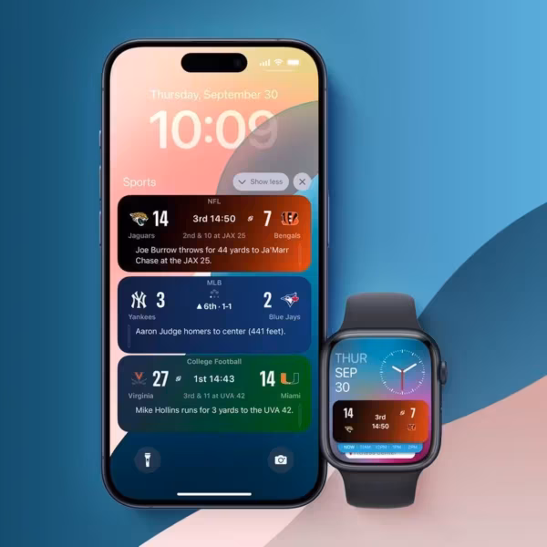 Экран iPhone и Apple Watch с обновленным приложением Sports: Live Activities и статистика матчей