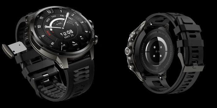 Умные часы Black Shark Watch X Pro с черным корпусом и ремешком, показан интерфейс циферблата и задняя часть устройства
