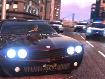 Черная машина из GTA 6 на улице с полицейскими мигающими огнями