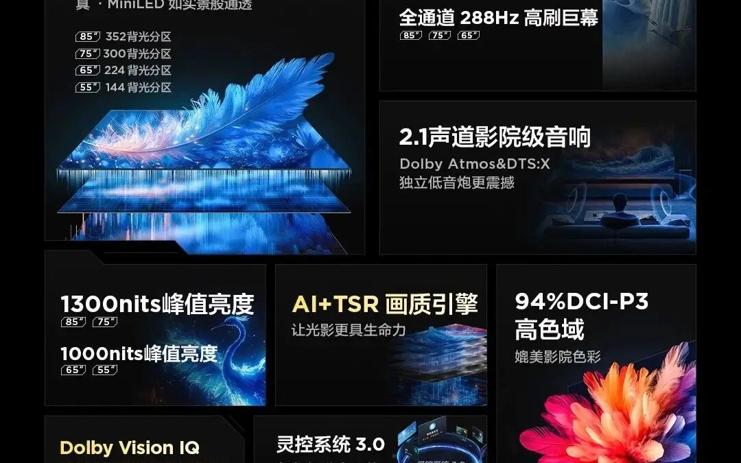 Информационный плакат о телевизорах MiniLED с изображением feather в центре