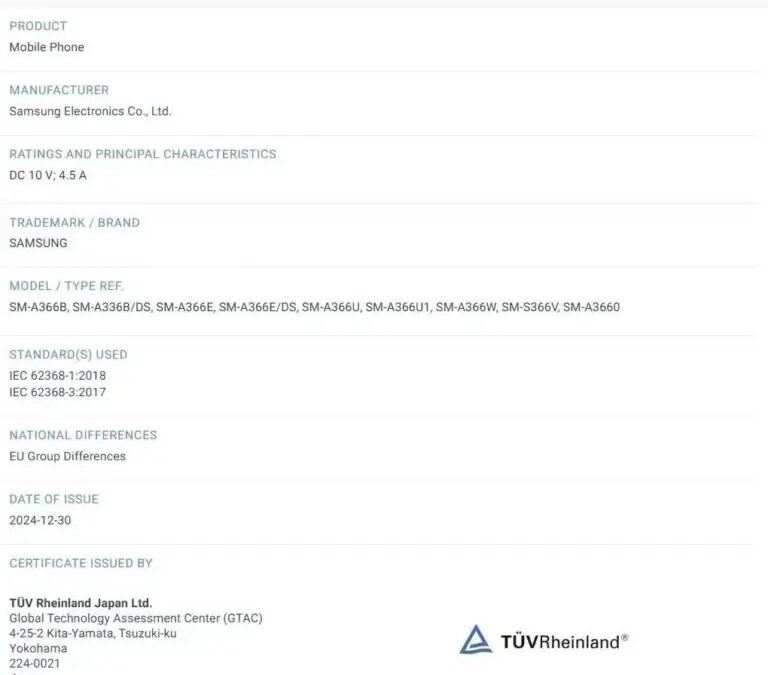 samsung galaxy a36 5g tuv rheinland iecee certification 45w fast wired charging 768x779 1