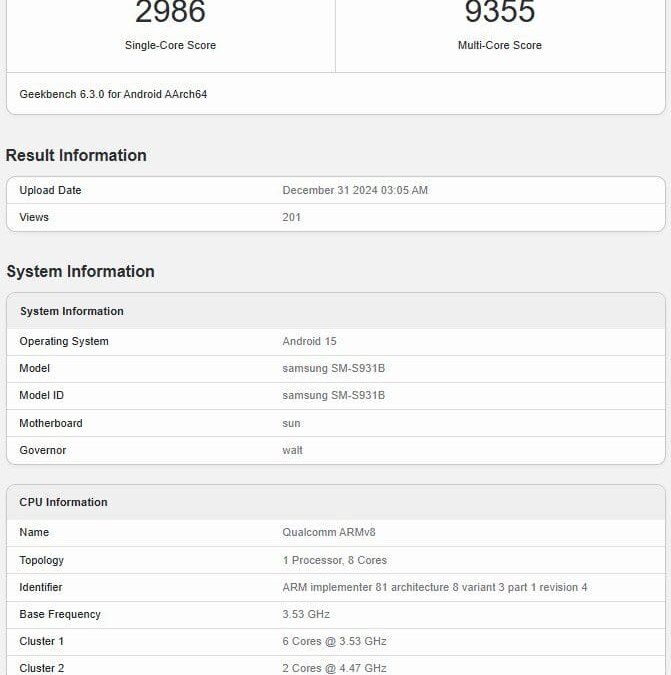 Samsung Galaxy S25 с разогнанным SD 8 Elite прошёл тестирование в GeekBench 3 Samsung Galaxy S25 with overclocked SD 8 Elite passed testing in GeekBench