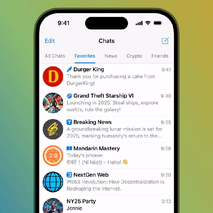 Экран телефона с новым интерфейсом Telegram обновление 2023