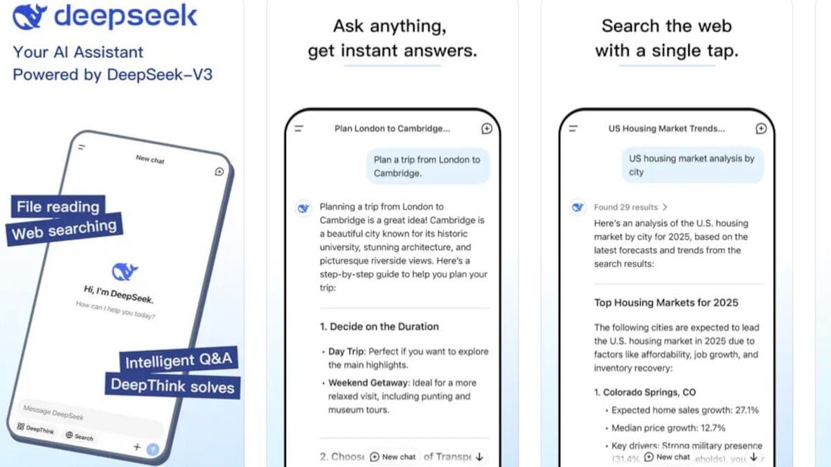 Экран приложения DeepSeek с интерфейсом поиска и чатами на смартфоне