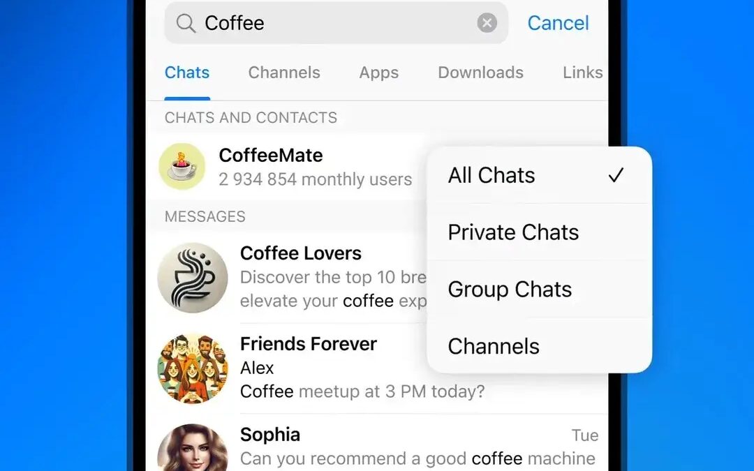 Экран смартфона с списком чатов и поиском по Telegram