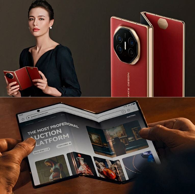 Женщина держит складной смартфон Huawei Mate X3 открытый дизайн