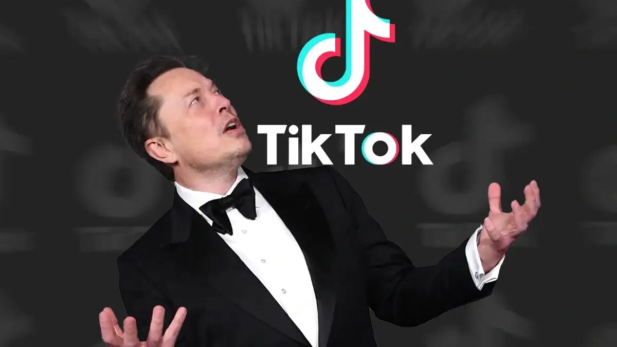 Илон Маск на фоне логотипа TikTok, показан экран приложения TikTok
