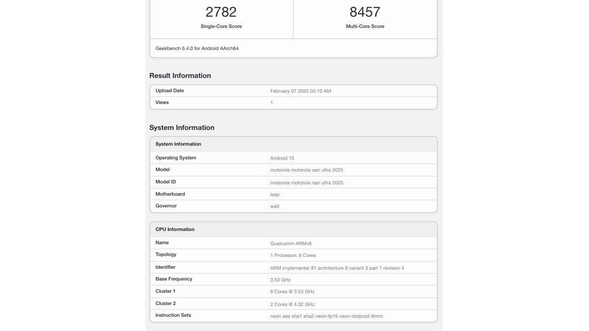 Motorola Razr Ultra 2025 прошёл тестирование в Geekbench 3 Motorola Razr Ultra 2025