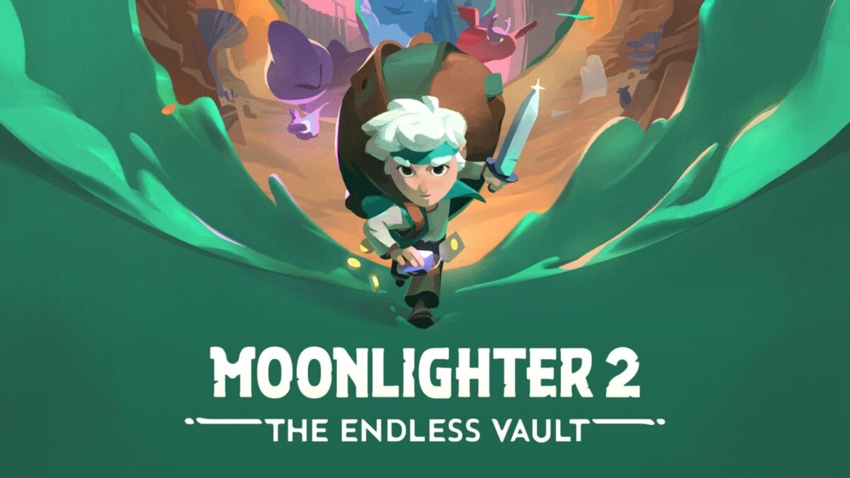 Обложка для видеоигры Moonlighter 2 с героем с белыми волосами и мечом, бегущим по зелёной локальной среде