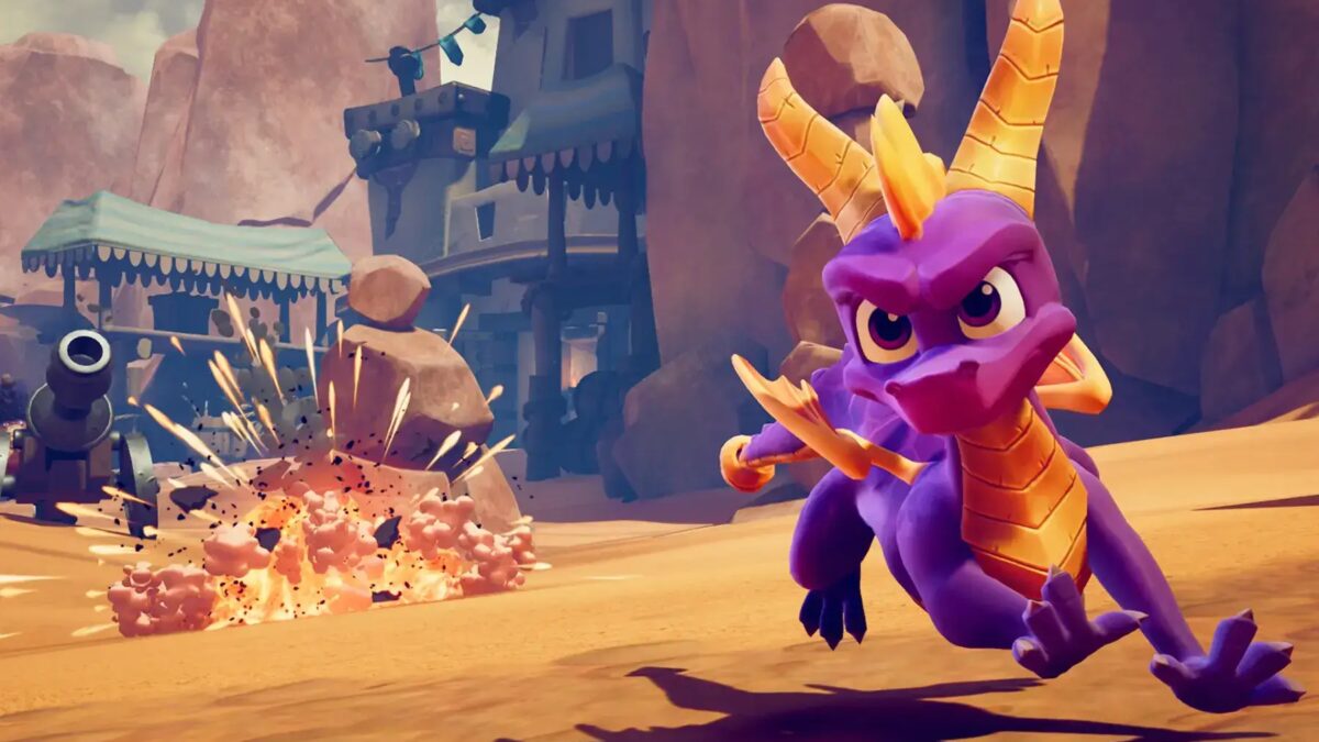 Спайро — дракон в динамике во время боя, кадр из игры для Nintendo Switch