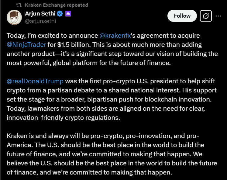 Скриншот твита Аржуна Сетхи о покупке Kraken трейдера Нинзя за 1.5 миллиарда долларов