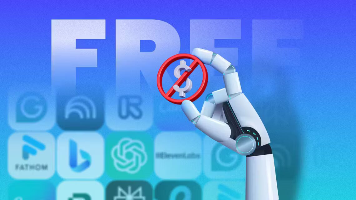 11 бесплатных ИИ-инструментов, которые удивляют своими возможностями 1 a robotic hand holding a crossed out dollar sign with various ai tool icons blurred in the background
