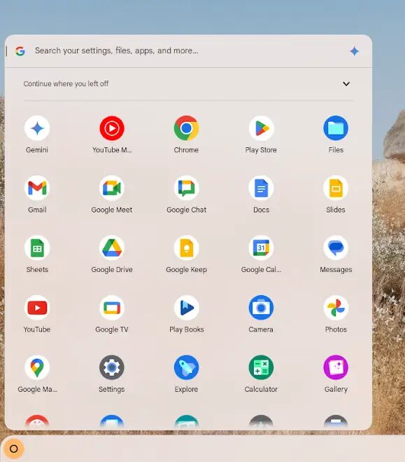 Экран Chrome OS с поисковой строкой и иконками приложений