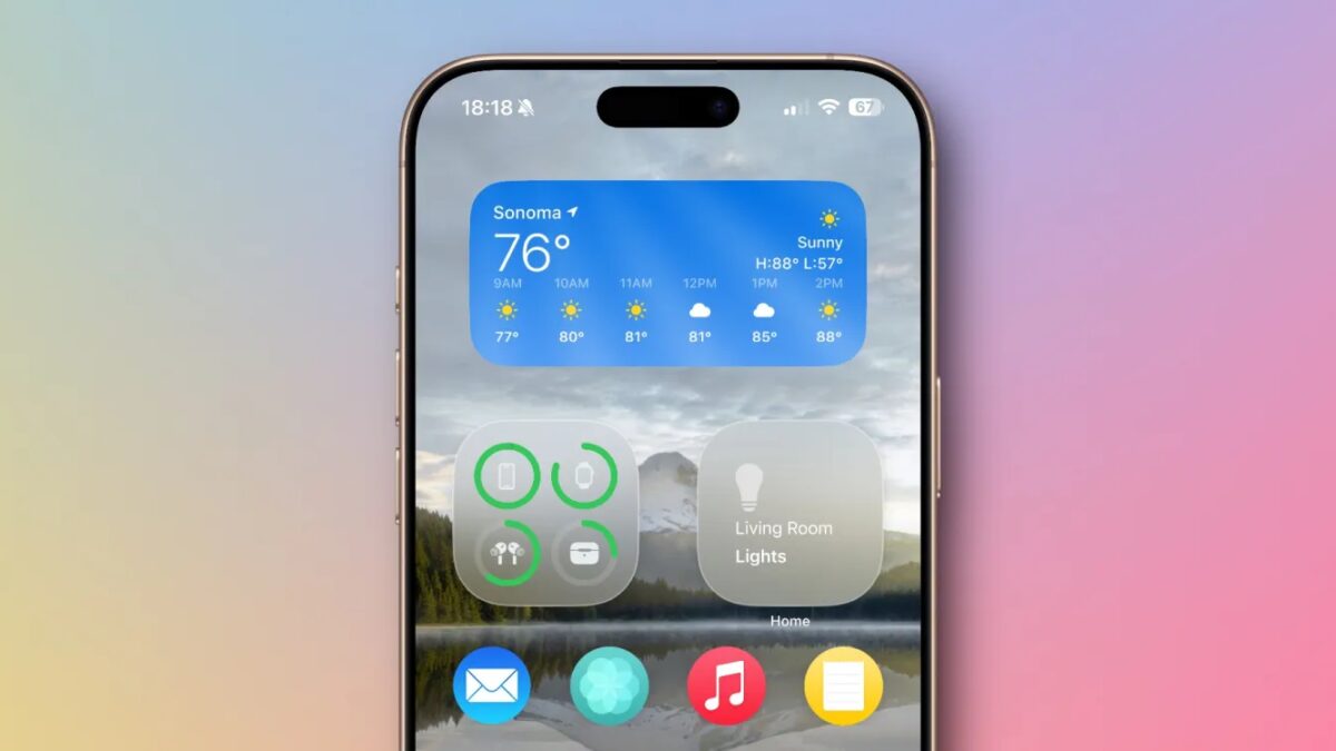 Экран iPhone с макетом iOS 19 и виджетами в App Clip, включая управление освещением