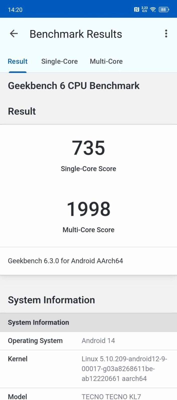 Результаты теста Geekbench 6 для смартфона TECNO TECNO KL7 показывают однопоточную оценку 735 и многопоточную 1998