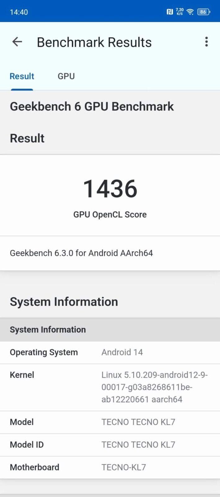 Результаты бенчмарка GPU Geekbench 6 на смартфоне TECNO TECNO KL7