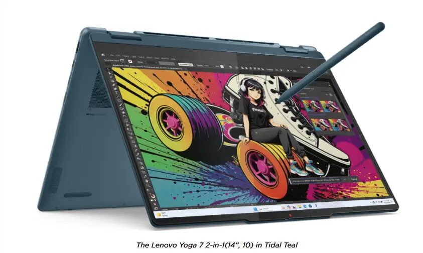 Ноутбук Lenovo Yoga 7 2025 в режиме планшета дисплей с стилусом