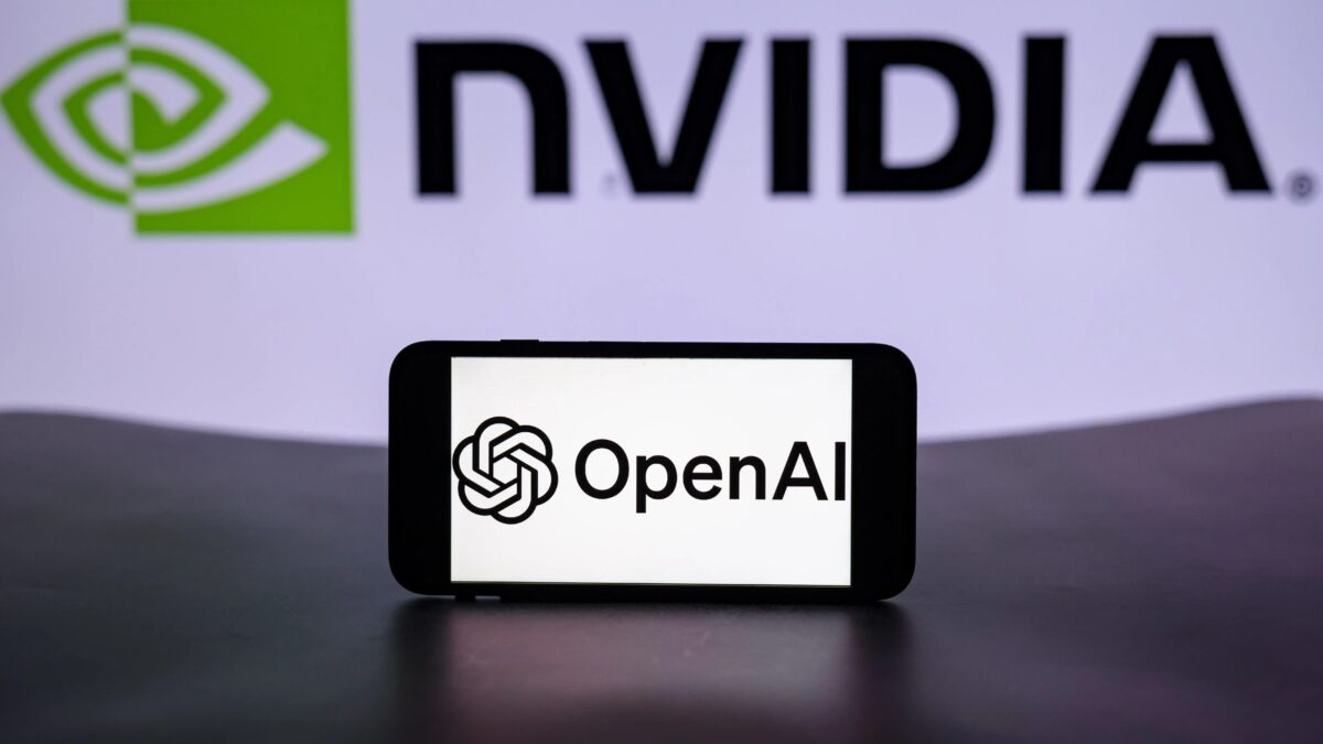 the logo of openai is seen displayed on a mobile phone screen with the nvidia logo in the background