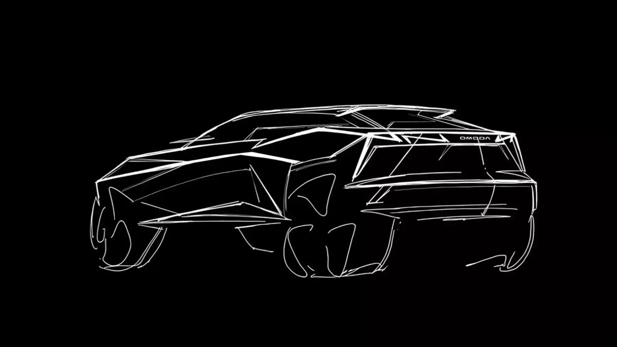 Дизайнерский эскиз кроссовера Omoda C3 с яркими линиями