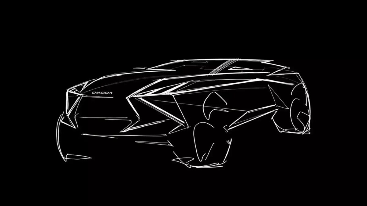 Дизайнерский эскиз кроссовера Omoda C3 с аэродинамическим силуэтом