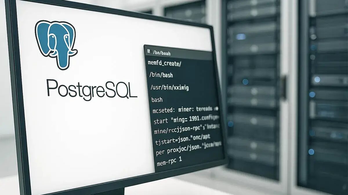 Экран серверного компьютера с логотипом PostgreSQL и командной строкой