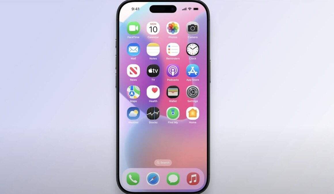 Редизайн iOS 19 утёк в сеть: стекло, анимации и круглая графика 13 Экран iPhone с иконками и круглыми элементами интерфейса iOS 19 после редизайна