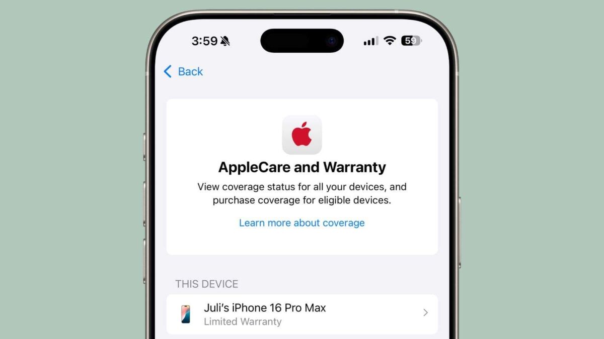 экран iPhone 16 Pro Max с разделом о гарантии