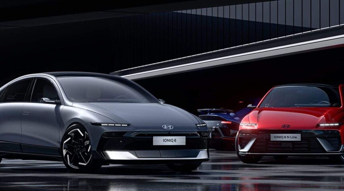 Электромобили Hyundai IONIQ 6 и IONIQ 6 N Line на выставке с современным дизайном и агрессивными линиями