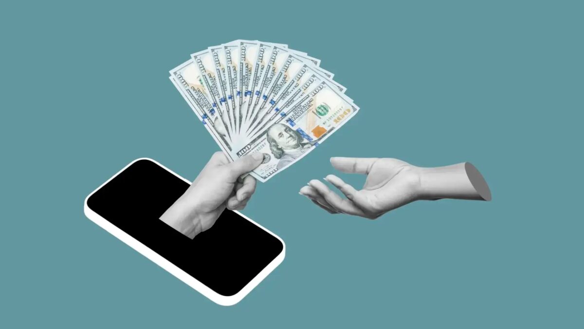 Наличные деньги выходят из смартфона Apple iPhone: иллюстрация к отмене пошлин