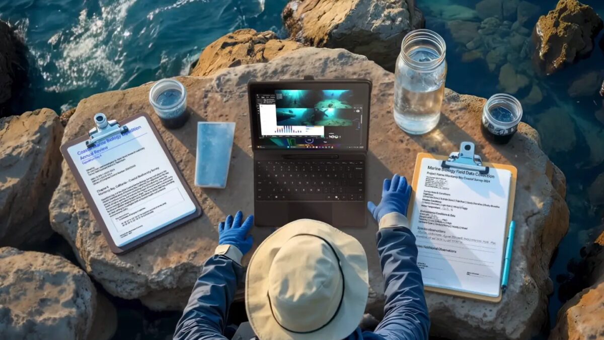 Сотрудник в шляпе работает у воды с ноутбуком Microsoft и документами в рекламе, созданной ИИ