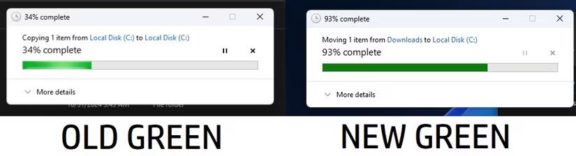 Обновленные окна Проводника Windows 11 на фоне старого зеленого цвета