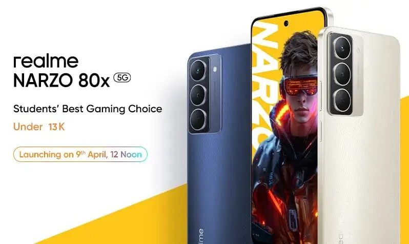 Рекламный баннер Realme Narzo 80x с изображением смартфона и датой запуска