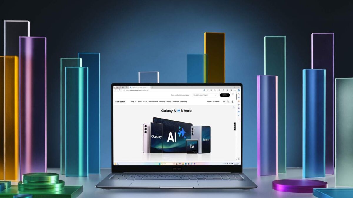 Ноутбук Samsung с экраном, отображающим сайт о ИИ