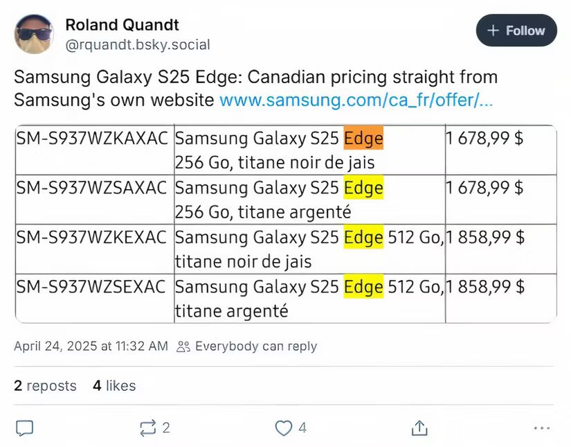 Samsung случайно раскрыла цены на Galaxy S25 Edge на своём сайте 4 samsung s25 edge cad pricing bluesky post